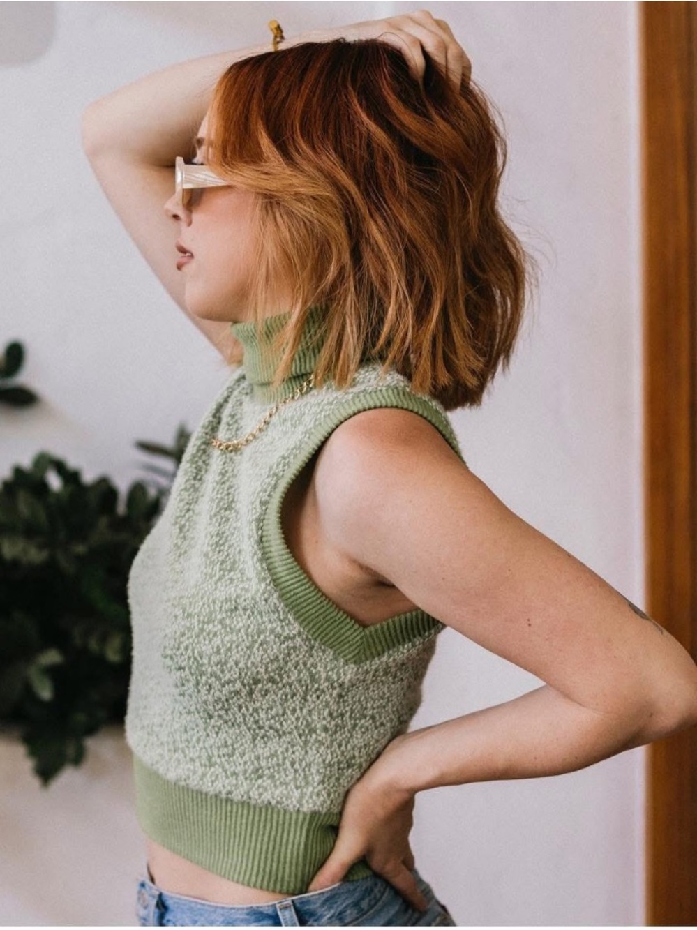 Zara Green Cropped Knit Turtleneck Sweater Vest